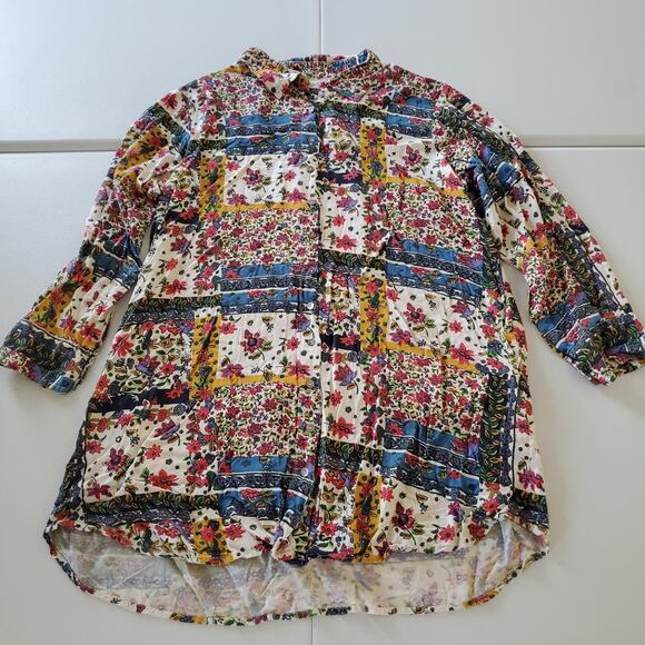 Natural Life Shirt Womens Large Multicolor Floral Patchwork Button Up Boho Rayon - Picture 1 of 7